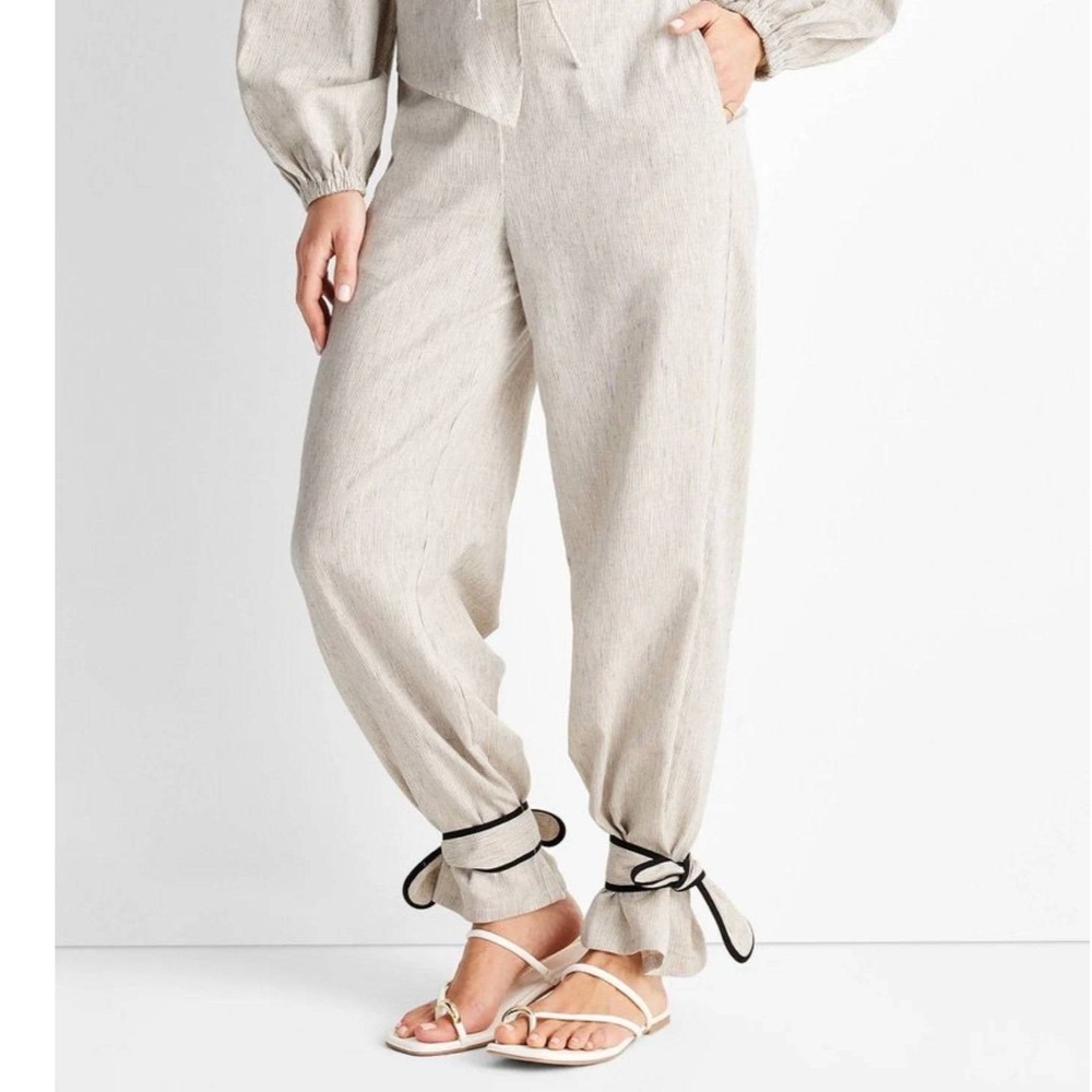 Future Collective Pants Womens‎ XS Cream Pinstripe Jenny K Lopez Linen Blend NWT